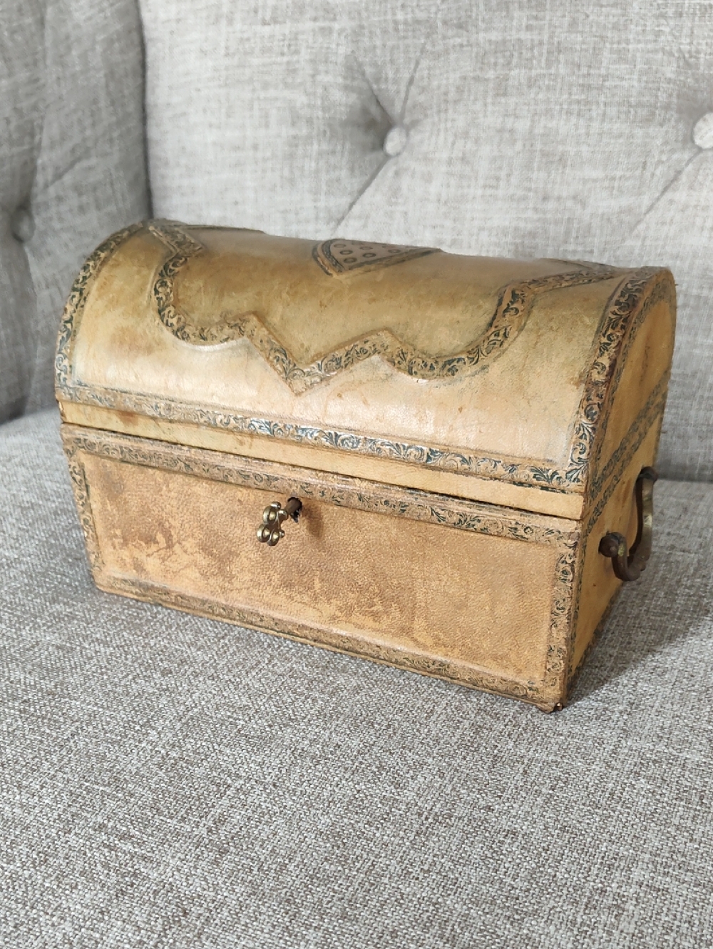 Leather Tan Italian Dome-Top Vintage Decorative Chest With Green Velvet Interior